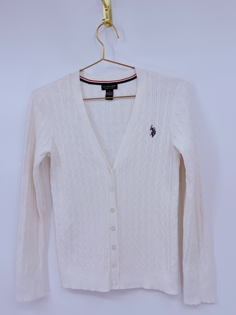 U.S. Polo Assn White Cable Knit Cardigan Small Preppy Classic Button Front - Picture 2 of 5